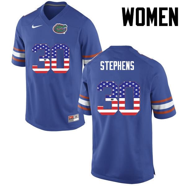 Women's NCAA Florida Gators Garrett Stephens #30 Stitched Authentic USA Flag Fashion Nike Blue College Football Jersey QDO0065EK